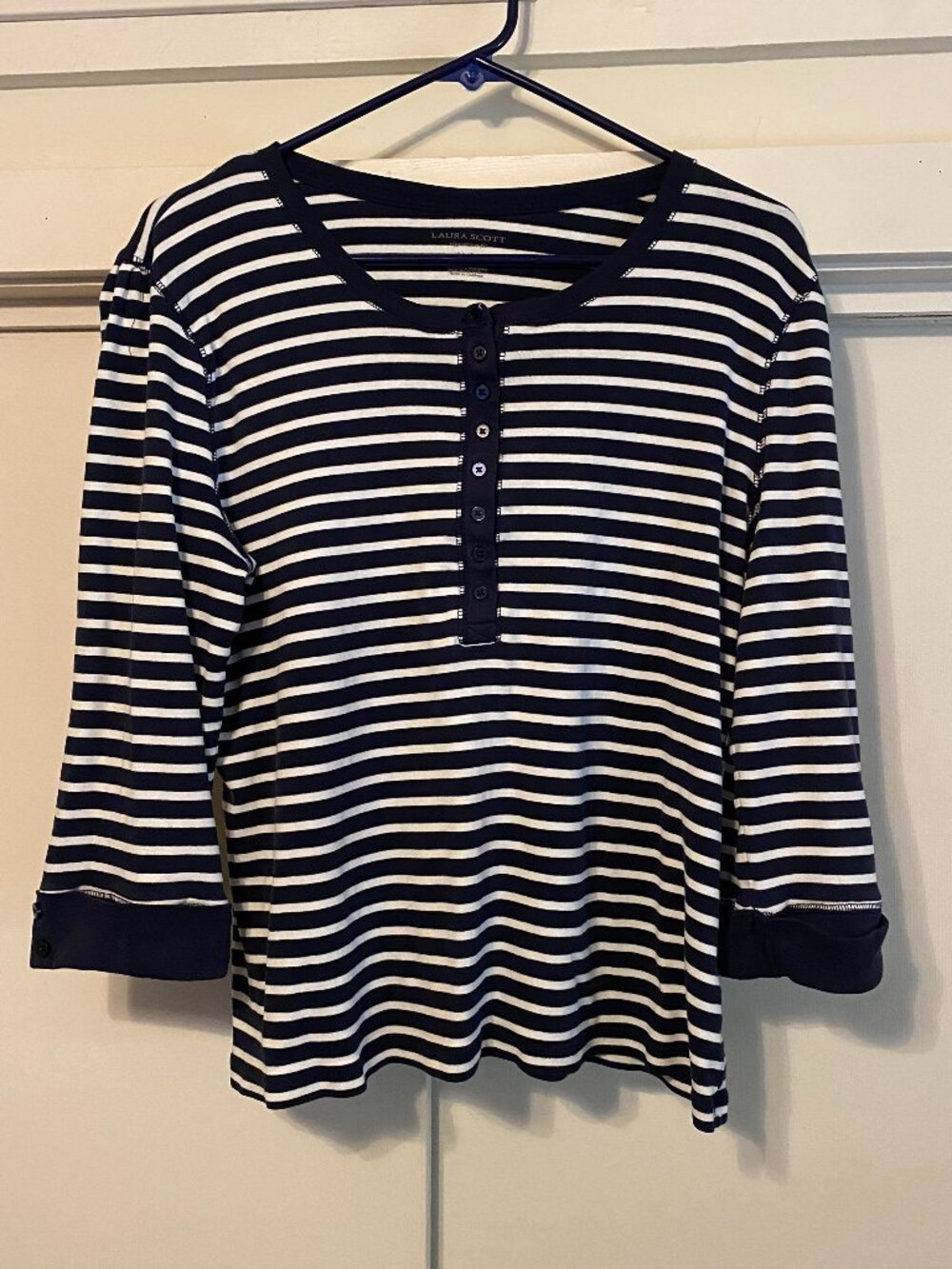 Laura Scott, navy & white stripe tunic w/button front, size XL